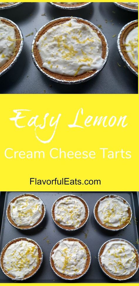 Easy Lemon Cream Cheese Tarts have the rich flavors of cheesecake, but in a luscious texture in a mini graham cracker crust. Mini Lemon Pies With Graham Cracker Crust, Mini Gram Cracker Crust Pie Recipes, Cream Cheese Tarts, Davita Recipes, Dessert Lemon, Mini Pie Crust, Lemon Cakes, Dessert Oreo, Lemon Cream Cheese