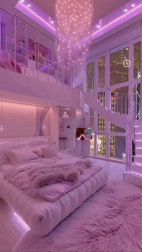 Girly Pink Bedroom Luxury, Barbie Bedroom Aesthetic, Pink Girly Room Aesthetic, Bedroom Ideas Aesthetic Pink, Holographic Room, Luxury Girls Bedroom, Crazy Bedrooms, Dream Bedroom Luxury, Zimmer Diy