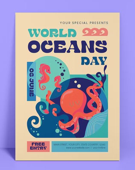 World Ocean Day Flyer Template AI, EPS, PSD Illustrated Flyer Design, Aquarium Graphic Design, Ocean Poster Design, Ocean Graphic Design, Ocean Font, Teaching Yearbook, Marine Poster, World Ocean Day, Ocean Books