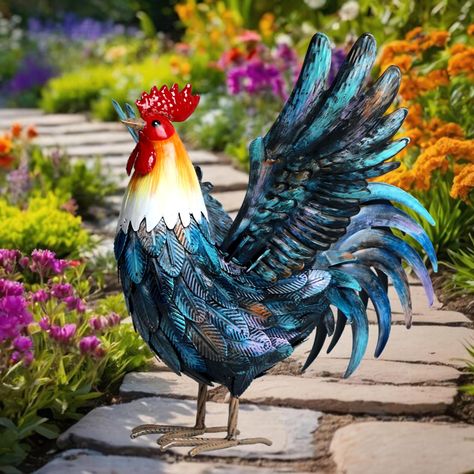 Backyard Patio Kitchen, Chicken Decorations, Chicken Kitchen Decor, Chicken Yard, Chicken Kitchen, Metal Rooster, Metal Chicken, Rooster Decor, Patio Kitchen