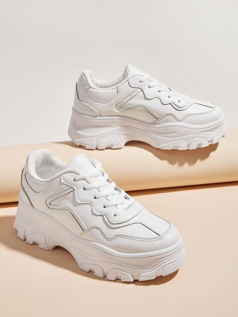 Free Returns ✓ Free Shipping On Orders $49+ ✓. Minimalist Lace-up Front Chunky Sneakers- Women Casual Shoes at SHEIN. Girls Shoes Teenage, White Chunky Sneakers, Women Sports Shoes, Dr Shoes, White Casual Shoes, White Tennis Shoes, Round Toe Sneakers, Chunky Shoes, Cute Sneakers