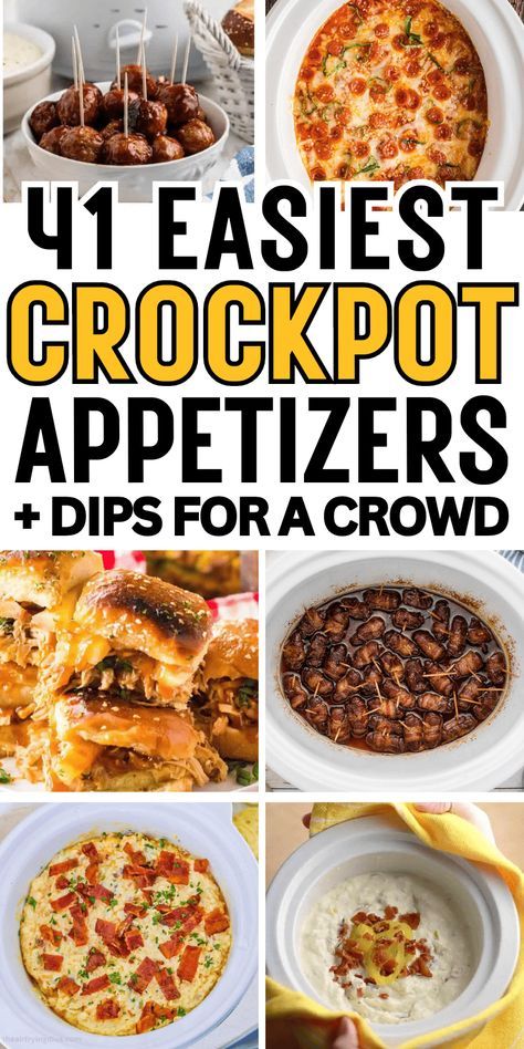 Super easy crockpot appetizers and dips! Crockpot party foods made right in your slow cooker, just dump and go! From meatballs, kielbasa, and sausage appetizers, to cheesy slow cooker party dips like queso and spinach dip, they’re the best potluck appetizers! Crockpot appetizers for party, fall appetizers crockpot, holiday appetizers crockpot, finger foods, make ahead appetizers for a crowd, party food appetizers, crockpot snacks, crockpot dips for parties easy, appetiser recipes, game day food. Crock Pot Snacks Parties, Crock Pot Party Appetizers, Crock Pot Dessert Dip, Easy Work Snacks Parties, Bridal Shower Crockpot Food, Crock Pot Dishes For Potluck, Crockpot Food For Party, Hot Dips For Parties Appetizers Crockpot, Small Crockpot Dip Recipes