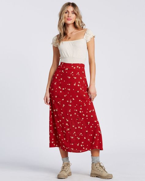 Flirty Daze Skirt 194843373237 | Billabong Skirt Midsize, Nordic Outfit, Slip Skirts, Skirt For Women, Printed Midi Skirt, Skirts Online, New Wardrobe, Billabong, Denim Women