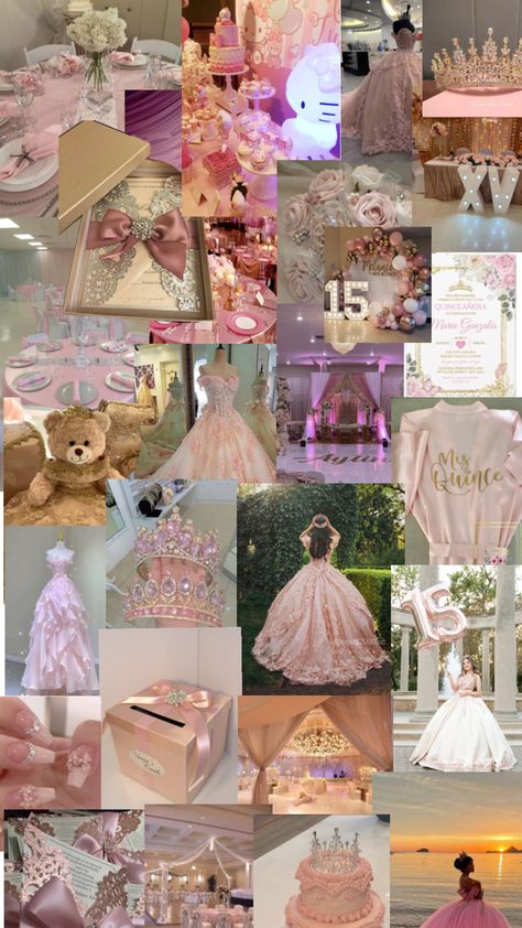 Quinceanera Rose Gold Theme, Princess Quinceanera Theme, Pink Quince Theme, Quince Decorations Ideas, Rose Gold Quince, Rose Gold Quinceanera, Sweet 15 Party Ideas Quinceanera, Quince Themes, Quinceanera Dresses Gold