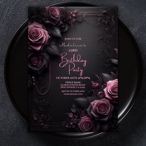 Gothic Birthday Invitation | Pink & Black Digital Download | Dark Fantasy Party Invite | Black and Pink Gothic Floral Invitation, Roses, Pink Roses Elevate your celebration with our Gothic Pink and Black Lux Birthday Invitation, featuring an enchanting pink and black design. Perfect for dark fantasy and Halloween-themed parties, weddings, or whatever you can imagine. This digital download is both versatile and easy to customize. This invitation embodies the beauty of Gothic design with its intri Gothic 18th Birthday, Emo Party Invitations, Goth Birthday Invitations, Dark Fantasy Party, Black And Pink Wedding Theme, Pink And Black Party Theme, Rose Gold And Black Party Theme, Black And Pink Wedding Ideas, Black And Pink Birthday Theme