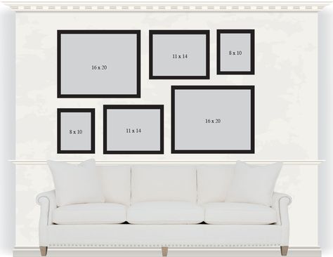 Rectangular Gallery Wall Layout, Gallery Wall Layout With Sizes, Gallery Wall Template With Sizes Layout, Picture Wall Layout, Photo Gallery Wall Layout, Photo Wall Design, Wedding Picture Walls, Gallery Wall Template, Wedding Photo Walls