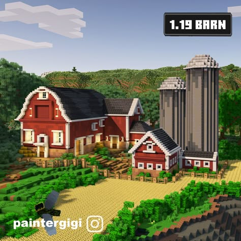 Farm Land Minecraft, Cute Cow Farm Minecraft, Minecraft Farm Entrance, Minecraft Large Farm Ideas, Red Barn Minecraft, Silo Minecraft Build, Spruce Barn Minecraft, Minecraft Farming House, Minecraft Barn Layout