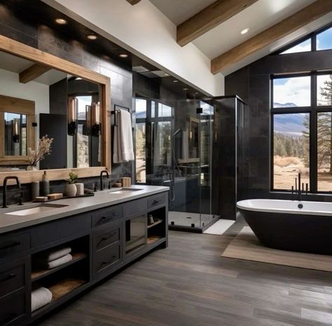 Mountain House Interior Bathroom, Lake Home Bathroom Ideas, Master Bath Ideas Dark, Barndominium Ideas Interiors Black, Master Bath Barndominium, Large Rustic Bathroom, Barndo Bathroom Ideas, Modern Lodge Bathroom, Rustic Bathrooms Ideas Farmhouse