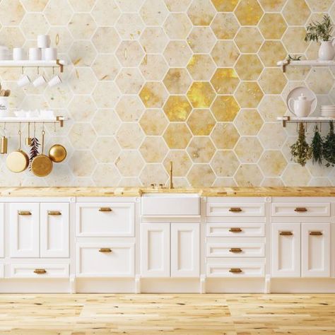 Hallway Wallpaper - Wall Murals for Hallway (Page2) • Wallmur® Honey Theme Kitchen, Honeycomb Wall Paint, Honeycomb Interior Design, Yellow Kitchen Backsplash Ideas, Honeycomb Home Decor, Honey Themed Kitchen, Bee Inspired Kitchen, Bumble Bee Kitchen Theme, Honey Colored Walls