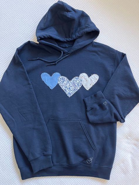 Custom made to order hand stitched sweatshirt! Leave a message in the personalization box and we can work on creating a design you love! How To Sew Elbow Patches, Stitched Hoodie Ideas, Diy Sweatshirt For Boyfriend, Heart Hoodie Diy, Stitch Hoodie Diy, Hoodie Stitching Ideas, Homemade Sweatshirt Ideas, Designs To Put On Shirts, Diy Hoodie Ideas