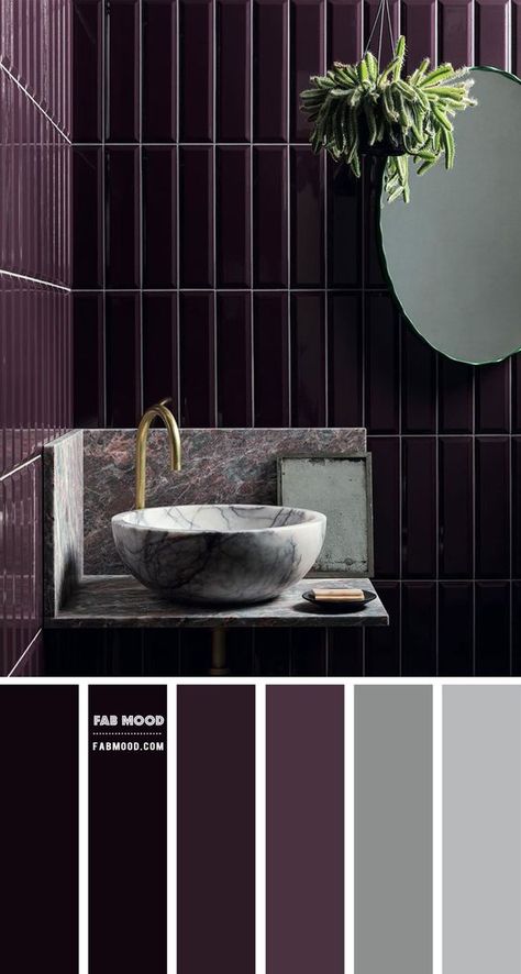 bathroom Archives - Fabmood | Wedding Colors, Wedding Themes, Wedding color palettes Dark Purple Tile Bathroom, Modern Purple Bathroom, Gray And Purple Color Palette, Purple Grey Bathroom, Wine Color Bathroom, Purple Half Bathroom Ideas, Purple And Black Bathroom Ideas, Blackberry Bathroom, Purple Bathroom Cabinets