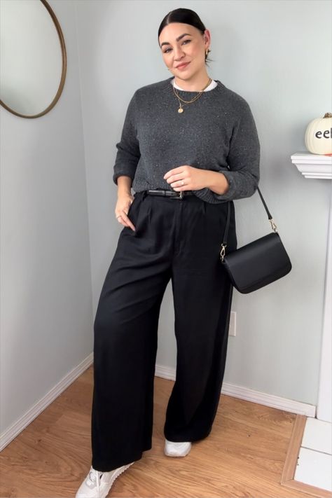 The Harlow Wide-Leg Pant curated on LTK Dark Monochrome Outfit, Midsize Wide Leg Jeans, Wide Leg Pants Outfit Casual Sneakers, Curvy Office Outfit, Black Dress Pants Outfit, Plus Size Wide Leg Pants Outfit, Midsize Work Outfit, Black Wide Leg Trousers Outfit, Black Pants Work Outfit