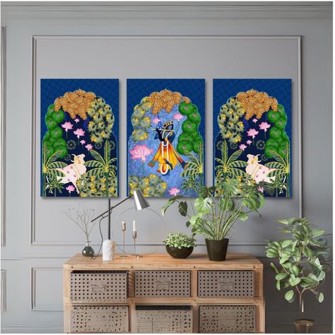 Pichwai Paintings For Living Room, Paintings For Indian Living Room, Drawing Room Paintings Wall Art, Shrinathji Canvas Painting, Pichwai Paintings Set Of 3, Pichwai On Wall, Bohemian Art Painting, Indian Art Gallery Wall, Pichwai Wall Art