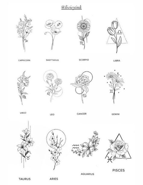 Cancerian Flower Tattoo, Virgo Tattoo Flower, Unique Pisces Tattoos For Women, Zodiac Flower Tattoo, Zwilling Tattoo, Widder Tattoo, Zodiak Gemini, Underboob Tattoo Designs, Horoscope Tattoos