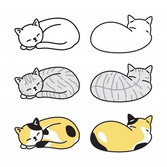 Cat Laying Illustration, Cat Sleeping Drawing Simple, Tabby Cat Doodle, Sleeping Cat Painting, Sleep Cat Drawing, Sleepy Cat Illustration, Cat Curled Up, Sleeping Cat Doodle, Calico Cat Cartoon