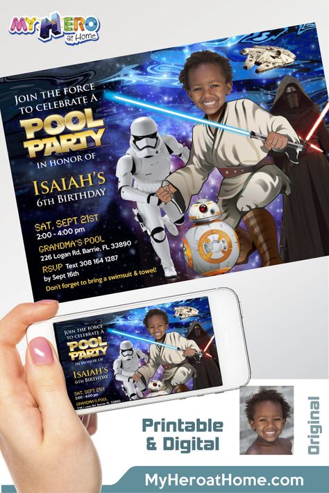 Turn your boy in a Jedi for his Star Wars Pool Party Birthday Invitation. Star Wars Jedi Invitation. Star Wars Photo Invitation. Pool Party Themed Star Wars. Star Wars Waterslide party. Star Wars Splash party.     Also in www.myheroathome.com   #StarWarsPoolParty #StarWarsPoolPartyBirthday #StarWarsPoolPartyInvitation #JediPoolParty #JediPoolPartyInvitation #PoolPartyThemedStarWars #StarWarsPartyDecor #StarWarsWaterslide #StarWarsSplashParty #myheroathome Star Wars Pool Party, Waterslide Party, Darth Vader Party, Star Wars Favors, Star Wars Party Favors, Birthday Star Wars, Star Wars Theme Party, Football Invitations, Star Wars Invitations