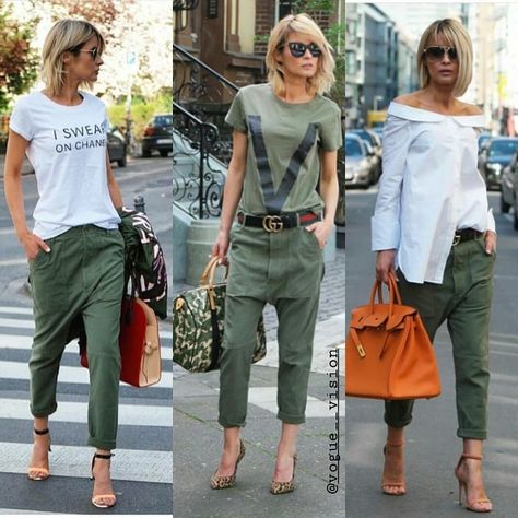 Best streetstyles ® on Instagram: “1, 2 or 3? @gittabanko✔ @vogue__vision✔ Check link in bio for shopping” Army Green Pants, Populaire Outfits, Mode Casual, Green Pants, Green Shoes, Outfits Casual, Looks Style, Mode Style, Outfit Idea