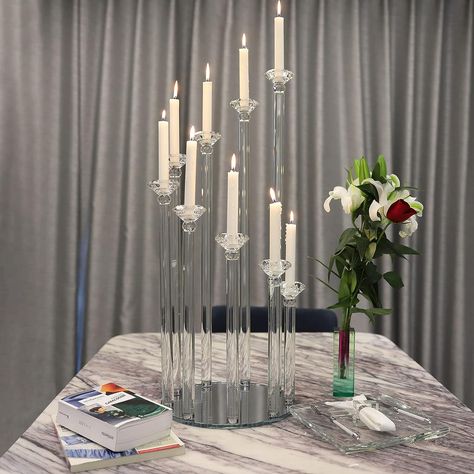 1-Pack) 32" Crystal Table Candelabra Candle Holder-9 Arms, Pillar Taper Candlesticks Centerpiece Decorations w/Round Mirror Base - Perfect for Birthdays, Weddings, Table Decoration, Event Decor Visit the Azure Sk Candlesticks Centerpiece, Practical Wedding Gifts, Candlestick Centerpiece, Glass Candelabra, Decoration Event, Crystal Centerpieces, Crystal Table, Led Color Changing Lights, Circular Mirror