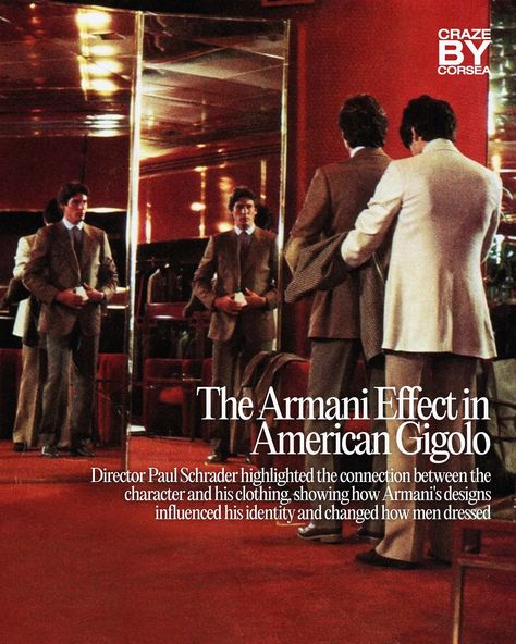 Before American Gigolo, Armani was gaining popularity in Europe but had a small profile in the U.S. The film changed the game for him, as he timed the launch of his ready-to-wear line to align with its release, increasing visibility. By the early 90s, Armani had firmly established himself as a dominant force in fashion, appealing to the aspirations of everyday Americans and redefining men’s style across the country Read the rest on Craze, link in bio 90s Armani, American Gigolo, Richard Gere, Fashion Archive, Early 90s, Mad Men, Men's Accessories, Men Dress, The Game