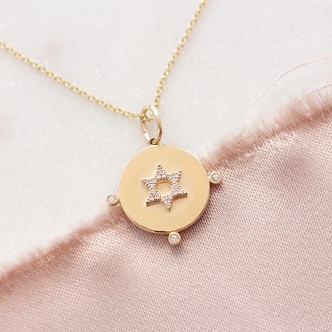 14k Yellow Gold Round Disc Diamond Magen David Pendant Necklace, Star of David Necklace, Judaica Gift, Made in Israel Judaica Gifts, Star Of David, Favorite Jewelry, Jewelry Necklace Pendant, Bathing Beauties, Jewelry Necklaces, Electronic Accessories, Pendant Necklace, Purses And Bags