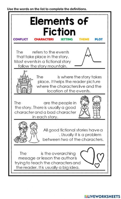 Literary Elements Worksheet, Literary Devices Worksheet, Fiction Story Elements Anchor Chart, Literature Devices, Literary Devices Activities, Plot Worksheet, Fiction Elements, Elements Of Fiction, Story Elements Worksheet