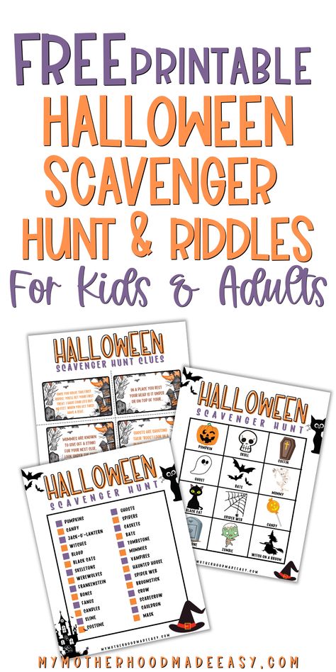 Free Printable Halloween Scavenger Hunt and Clues PDF - My Motherhood Made Easy Halloween Scavenger Hunt Outside, Printable Halloween Scavenger Hunt, Scavenger Hunt Template, Scavenger Hunt Riddles, Fall Scavenger Hunt, Scavenger Hunt List, Halloween Bucket List, Scavenger Hunt Printable, Scavenger Hunt Clues