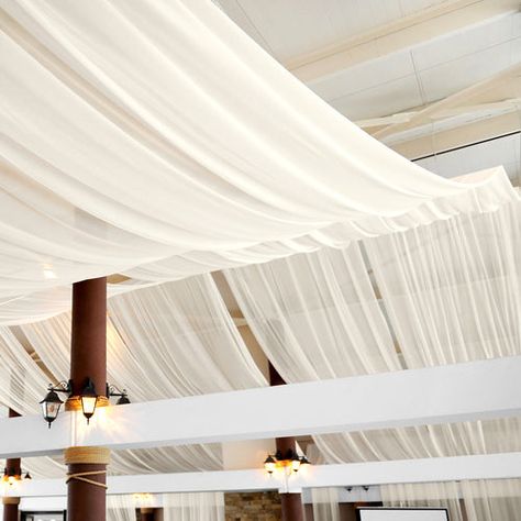 Unsure about sheer vs. voile curtains for your event? We break it down! Light, privacy & style tips for dream decor! Curtain Draping, Wedding Lounge Area, April Baby Shower, Ceiling Drapery, Ceiling Drapes, Drapery Ideas, Wedding Ceiling, Ceiling Draping, White Drapery