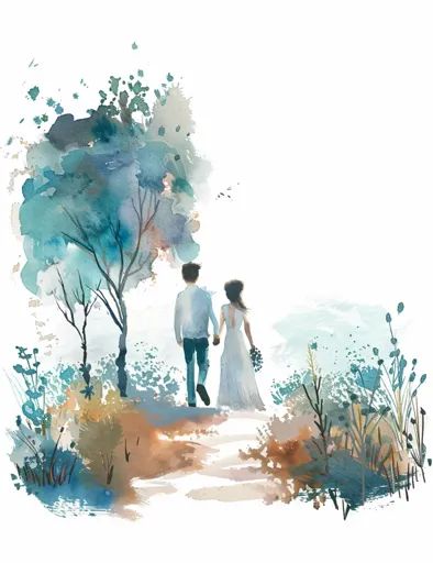 ↑↑↑ Larger size on website 🔸 The image is a watercolor painting of a couple walking away from the viewer, hand in hand, down a pa 🔸 From Midjourney AI Image Watercolor Couple Art, Painting Of A Couple, Boho Couple, Japan Watercolor, Drawing Characters, Couple Walking, Watercolor Boho, Couples Walking, Couple Painting