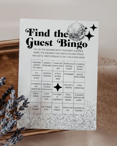 Find the Guest Who Bingo Game for a Disco Bridal Shower with 70s theme, Groovy Baby Shower or Couples Shower Game | Printable Template #065d Game Card Template, Find The Guest Bingo, Guest Bingo, Couple Shower Games, 70s Theme, Find The Guest, Disco Theme, Couple Shower, Bingo Games