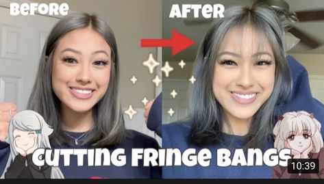 Diy Wispy Bangs Haircut, Wispy Bangs Cut Tutorial, Cut Wispy Bangs Diy, Hidden Bangs Haircut, Wispy Bang Tutorial, Fringe Bangs Diy, How To Cut Bangs At Home Step By Step, How To Cut Whispie Bangs, Wispy Bangs Diy