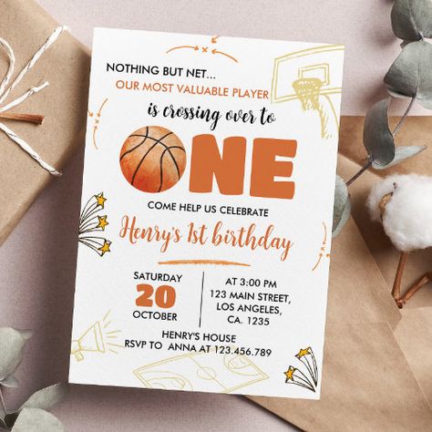 Basketball 1st Birthday, Basketball Birthday Party Invitations, 1 Year Birthday Party Ideas, Basketball Themed Birthday Party, 1st Birthday Boy Themes, Basketball Theme Birthday, Basketball Birthday Invitations, Sport Birthday, Sports Birthday Invitations