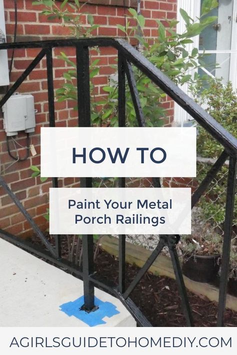 Painting Porch Railing, How To Paint Metal Railing Outside, Porch Railing Update Diy, Painting Iron Railing, Painting Wrought Iron Railing, Porch Redo Ideas, Paint Metal Railing, Outdoor Railing, Screened In Porch Furniture