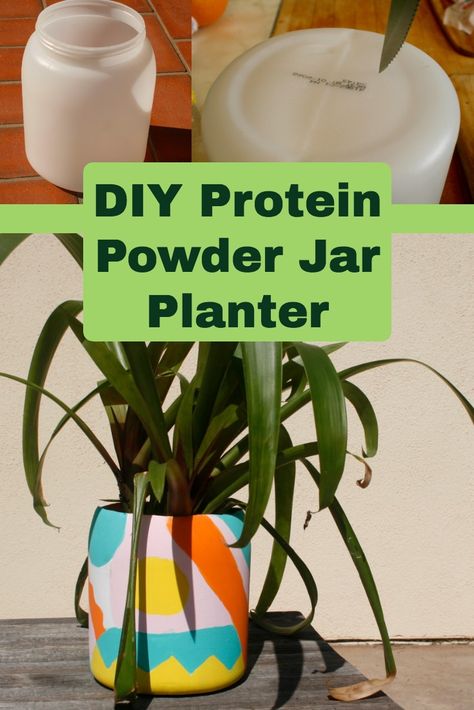 Repurpose a leftover protein powder jar to make a cool planter. Pill Bottle Planter, Recycle Protein Powder Containers, Protein Container Reuse, Repurpose Protein Powder Containers, Protein Powder Container Reuse, Upcycle Protein Powder Containers, Protein Powder Storage Ideas, Plastic Containers Repurpose, Diy Protein Powder