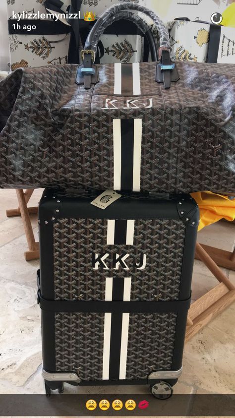 Kylie received custom luggage, perfect for her jetsetting ways. Goyard Luggage, Opulent Christmas, Different Cars, Premium Luggage, Airplane Outfits, Bag Closet, Luxury Luggage, Cute Luggage, Designer Luggage