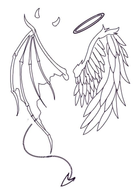 Men With Wings Drawing, How To Draw A Halo Angel, Dragon Wings Sketch, Dark Angel Sketch, Angel And Demon Wing Tattoo, Half Angel Half Demon Drawing, Simple Wings Drawing, Angel And Demon Drawing, Angle And Devil Tattoos