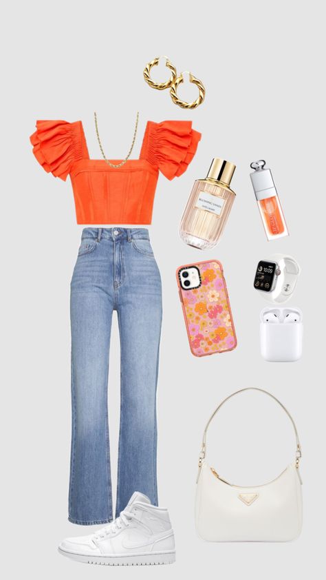 #outfitinspo #orange Orange Top Outfit Summer, Orange Top Outfit, Top Summer Outfits, Spring Fits, Top Outfit, Orange Top, Summer Fits, Korean Outfits, Spring Summer Outfits