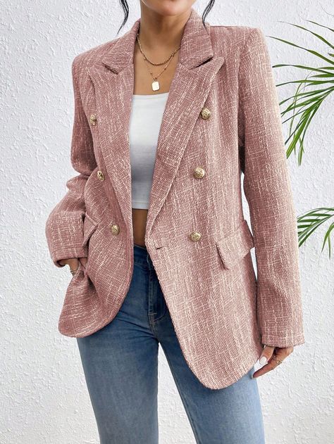 Coral Pink Casual Collar Long Sleeve Tweed Striped,Textured Pattern Regular Embellished Non-Stretch  Women Clothing Tweed Blazer Outfit, Plaid Print Shirt, Rosa Coral, Women Blazers, Pink Blazer, Casual Hat, Long Sleeve Blazers, Blazer Outfits, Tweed Blazer