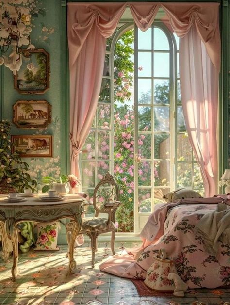 Ethereal Aesthetic House, Green Victorian Bedroom, Green Victorian House, Earthy Homes, Academia House, Old Fashioned House, Princess Room Decor, Pastel Fairy, Green Living Room Decor