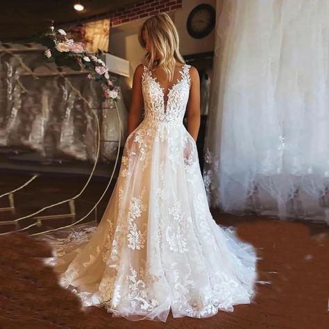 Flavinke Boho Ivory Lace Wedding Dresses 2024 A Line V Neck Backless Sweep Train Bridal Gowns Plus Wedding Dresses With Pockets, Bride Things, Bohemian Backyard, Backless Lace Wedding Dress, Ivory Lace Wedding Dress, Open Back Wedding, Open Back Wedding Dress, Dresses With Pockets, Wedding Dress With Pockets