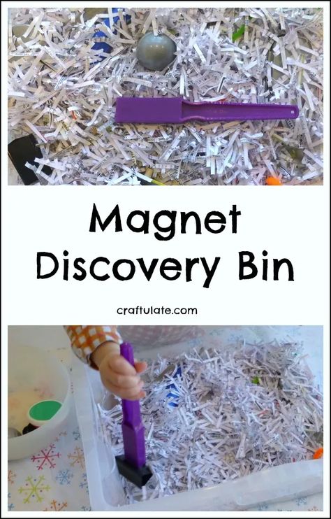 Magnet Discovery Bin - great for toddlers and preschoolers! Toddler Sensory Bins, Sensory Tubs, Kid Experiments, Toddler Sensory, Sensory Boxes, Pre K Activities, Sensory Table, Science Activities For Kids, Shredded Paper