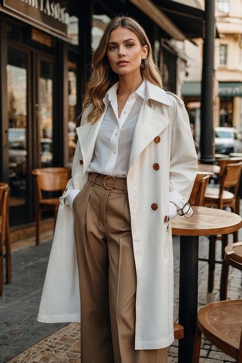 Elevate your style with this sophisticated outfit featuring a crisp white shirt, tailored brown pants, and a stunning white trench coat. This look embodies refined elegance, perfect for any occasion—from a business meeting to a brunch date. The neutral palette creates a fresh and chic vibe, while the trench adds a touch of drama. #fallfashiontrends #autumnoutfitideas #falloutfitideas #womanoutfitideas #fashioninspo White Trench Coat Outfit, Trench Coat And Jeans, Coat Aesthetic, White Trench Coat, Trench Coat Outfit, Minimal Wallpaper, Brunch Date, Brown Outfit, Trendy Fall Outfits