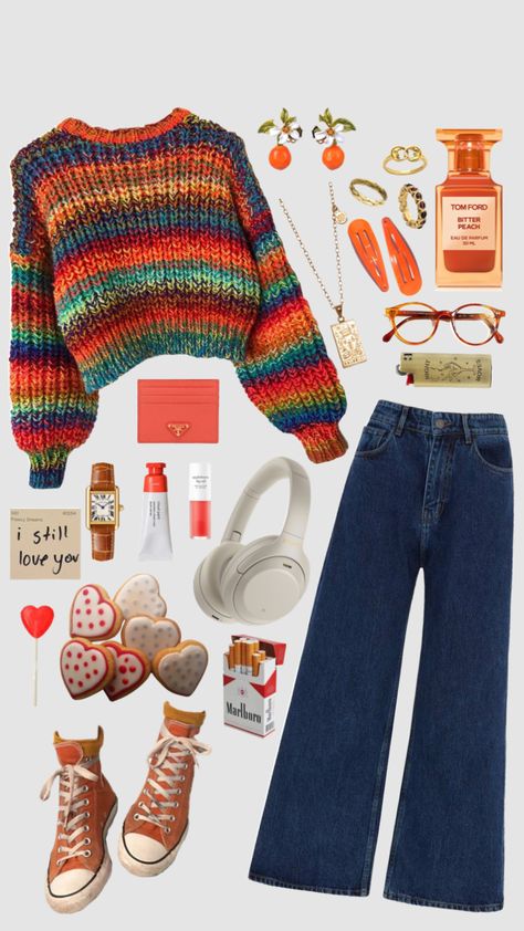 #outfitinspo #outfitinspiration #outfits #ootd #ootdinspo Colorful Retro Aesthetic Outfits, Outfit Ideas Retro, 90s Colourful Outfit, Kooky Outfits, Retrocore Aesthetic Outfits, Bright Casual Outfits, Cute Outfits Vintage, Winter Fits Colourful, Nerdcore Fashion