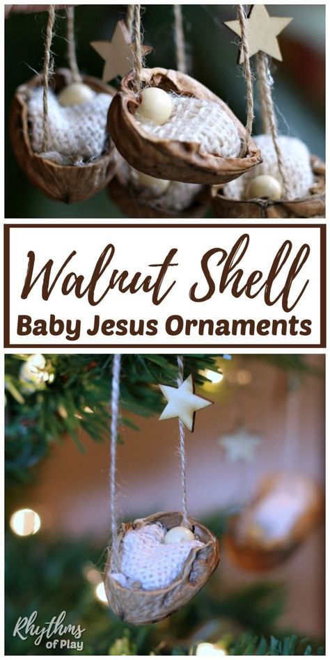 Jesus Christmas Ornaments, Manger Christmas, Baby Jesus Ornament, Diy Nativity, Baby Christmas Ornaments, Jesus Christmas, Homemade Ornaments, Christmas Jesus, Walnut Shell