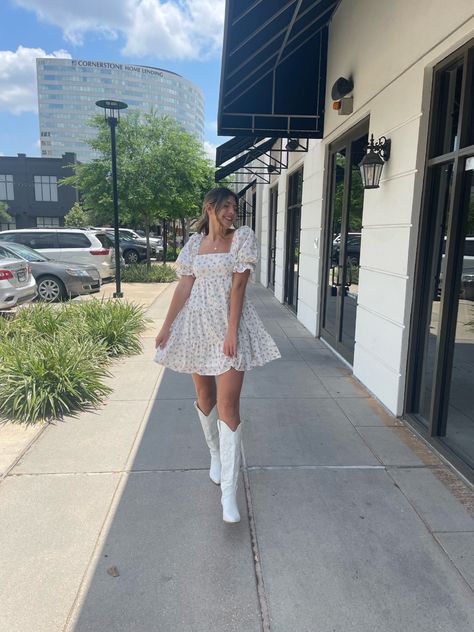 Country Graduation Dress Cowgirl Boots, White Dress And White Boots, Boots With Hoco Dress, Princess Polly White Boots, Outfit Ideas With White Cowgirl Boots, White Knee High Cowgirl Boots Outfit, Country White Dress With Boots, White Boots With Dress Outfit, Birthday Outfit With Cowgirl Boots