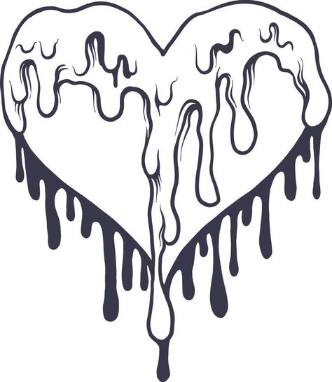 Melting Head Drawing, Dripping Heart Tattoo, Drip Effect Drawing, Drip Drawing Ideas, Dripping Drawing, Heart Dripping, Dripping Heart, Hearts Illustration, Black Heart Tattoos