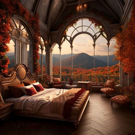 Autumn Court Aesthetics ❤🍁 With this, I officially open the Autumn season and theme on my profile. There'll be a ton of spooky season… | Instagram Fantasy Castle Bedroom, Bermed House, Fantasy House Interior, Autumn Court, Inspired Photos, Castle Ideas, Castle Bedroom, Fantasy Bedroom, Scifi Art