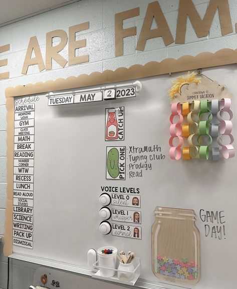 First Grade White Board Ideas, Simple Boho Classroom, Teacher Classroom Ideas Kindergarten, Classroom Store Setup, 4th Grade Classroom Ideas, Lunch Choice Ideas For Classroom, Kindergarten Classroom Bulletin Boards, Elementary Classroom Management Ideas, Pre K Classroom Ideas