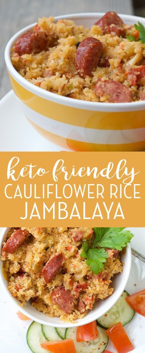 This Keto Cauliflower Rice Jambalaya Comes Together In One Large Pot And Is About 1/2 The Calories Of The Rice Version! It's An Easy Smoked Sausage Recipe That You'll Be Happy You Saved For Later! We Have Been Making This Almost Once A Week As Part Of Our Keto Diet! Keto Cauliflower Rice, Easy Jambalaya, Smoked Sausage Recipes, Keto Vegan, Resep Diet, Low Carb Diets, Keto Diet Menu, Vegan Keto, Jambalaya