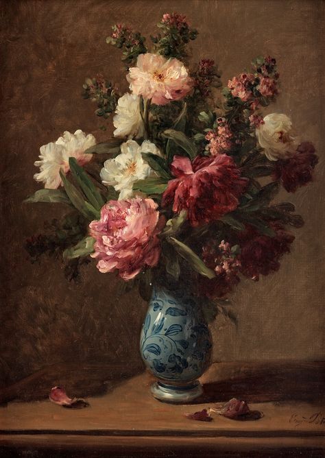 Eugène Petit France 1839-1886  Still life with peonies. Rennaissance Art, Kunst Inspiration, Soyut Sanat Tabloları, Hur Man Målar, Seni Cat Air, Old Paintings, Aesthetic Painting, Romantic Art, Ethereal Art