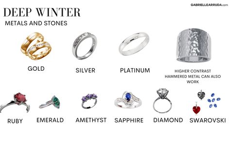 Jewelry For Deep Winter, Deep Winter Color Palette Jewelry, Deep Winter Jewel Tones, Deep Winter Accessories, Deep Winter Neutral Colors, Deep Winter Spring Outfits, Dark Winter Jewelry, Deep Winter Makeup Products, Deep Winter Jewelry